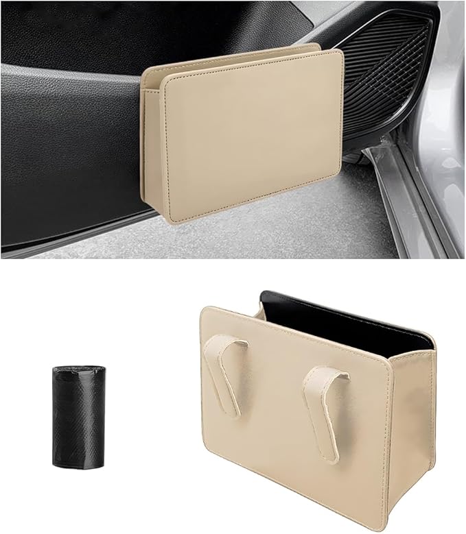 Car Trash Can, Waterproof Leather Hanging Storage Container Vehicle Dustbin, Auto Foldable Mini Garbage Organizer Trash Bag for Truck SUV RV, Essential Car Accessories (Beige)
