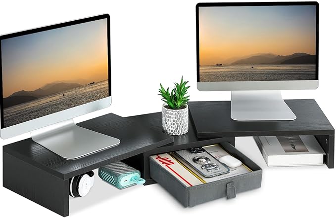TEAMIX Dual Monitor Stand Riser with Drawer - Length and Angle Adjustable Double Monitor Riser Corner Desk Shelf Organizer 37 inch Long Monitor Riser for 2 Monitors/Laptop/PC/Screen/TV