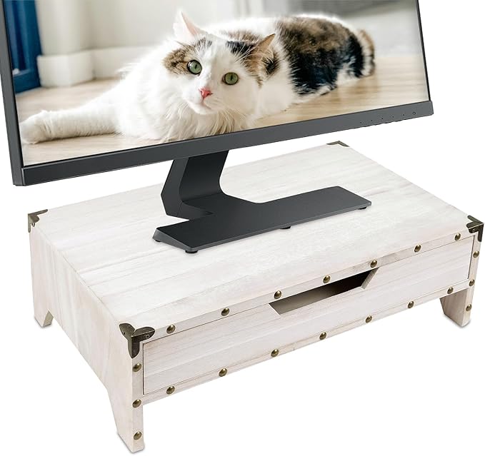 Ikee Design Wooden 2 Tier Monitor Stand with Drawer,Wood Desktop Stands for Laptop ,TV, Computer Riser,Wooden Clutter-Free Desk Storage Organizer,16 1/2 W x 10 1/4 D x 5 1/8 H in, White