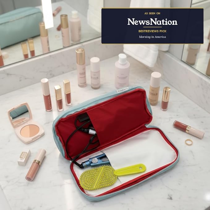 All in One Travel Toiletry Bag, Makeup Bag with Jewelry Compartment and Heat-Resistant Pocket for Hair Tools