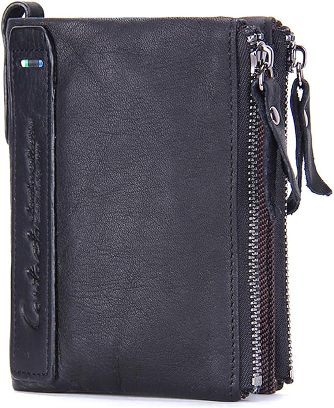 CONTACTS Soft Leather Wallet for Women and Men Small Bifold Coin Purse Double Zipper Card Holder with RFID Blocking (Black)