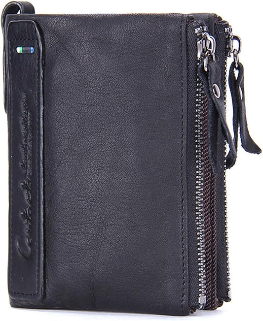 CONTACTS Soft Leather Wallet for Women and Men Small Bifold Coin Purse Double Zipper Card Holder with RFID Blocking (Black)