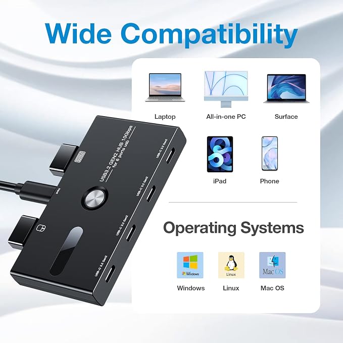10Gbps USB C Hub, 6 Ports Type C Splitter, USB Type C to USB C/A Adapter for PC, Laptop, MacBook Pro/Air, iMac, Surface Pro, Chromebook, Etc(HUB ONLY, Not Support Charging/Monitor)