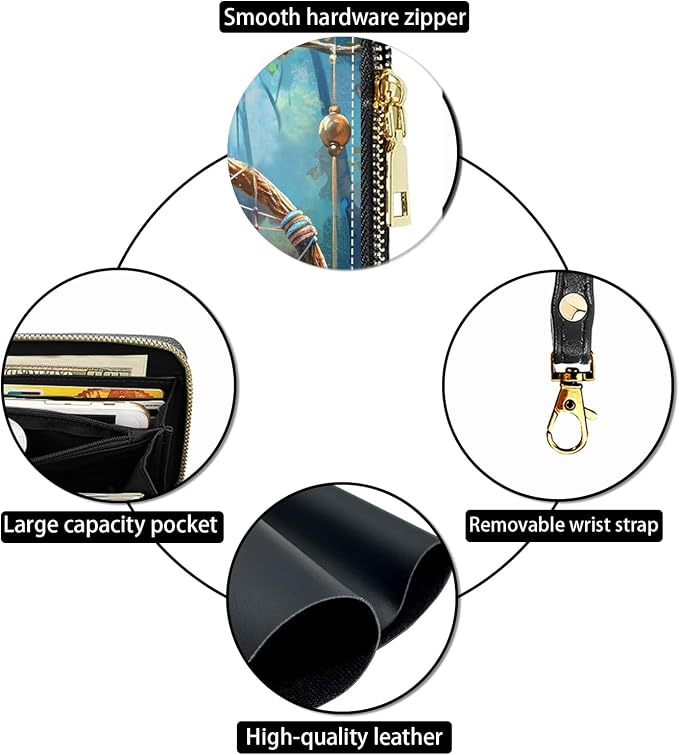 Women's Large Capacity Wallet PU Leather Zip Around Clutch Purse Multifunctional Wallet with Removable Wristlet Strap for Smart Phone/Coin/Card/Cash, Dream Catcher Pig