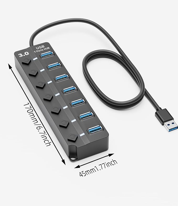 USB Hub for Laptop, SNLLMZI 7-Port USB 3.0 Hub Splitter with Individual On/Off Switches and Lights, 4ft/1.2m Long Cable Compatible for Laptop,PC Computer,Surface Pro,PS4/5,Flash Drive,Mobile HDD,etc.