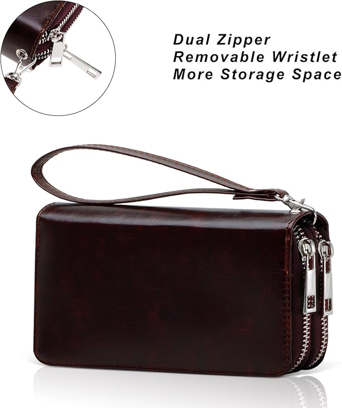 Cellphone Wallet for Women Dual Zipper Long Purse with Removable Wristlet