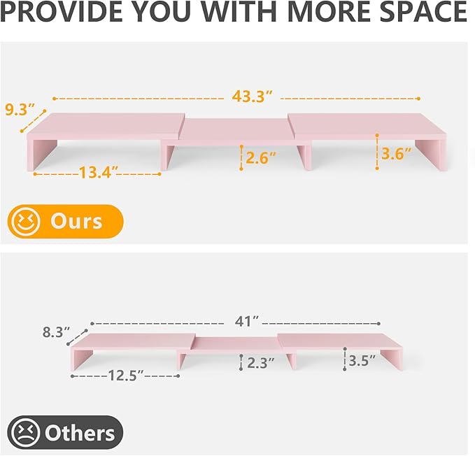 TAVR Dual Monitor Stand Riser, Computer Monitor Stands for 2 Monitors, Extra Long Multifunctional Desktop Organizer Riser for Computer, Laptop, PC, Printer, TV, Max 43.3" Length, Pink