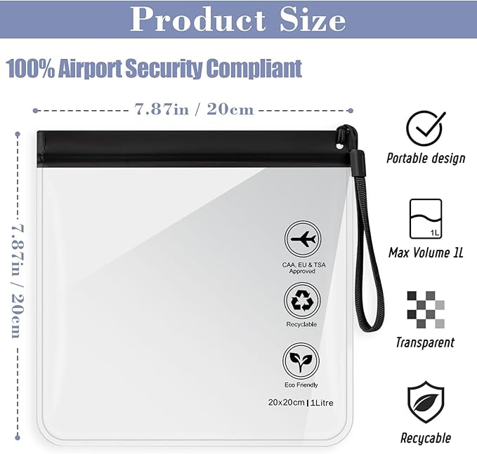 Caija-H 4Pcs Reusable TSA Approved Security Clear Toiletry Bag-Quart Size Travel Bag Tsa Approved for EU UK & US Carry-on Regulations Security Travel Bags for Liquids, Leakproof Travel Accessories