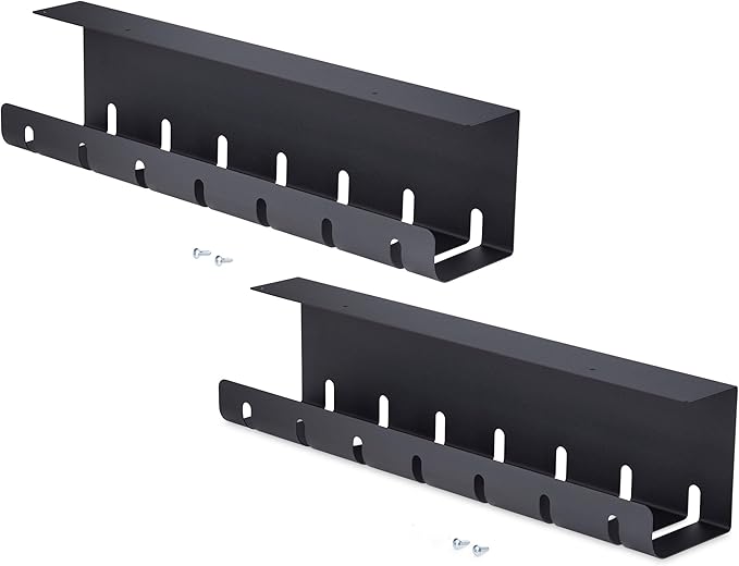 StarTech 2-Pack Under Desk Cable Management Tray, 42" Long (21" Per Tray), Metal Slotted Style Cable Organizer, Screw-On, Power Bar Holder, Black, TAA