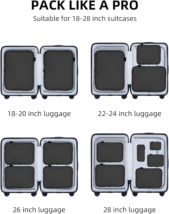 Compression Packing Cubes for Travel, 6-Piece Set (Large/Medium/Small), Double-Zip Luggage Organizers for Suitcase & Carry-On, Clothes Storage Bags (Pure Black, 6 Pack)