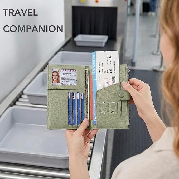 Genuine Leather Passport Holder for Women, RFID Blocking Compact Travel Wallet with Card Slots, Zipper Coin Pocket and SIM Slots, Slim Passport Cover Case, Green
