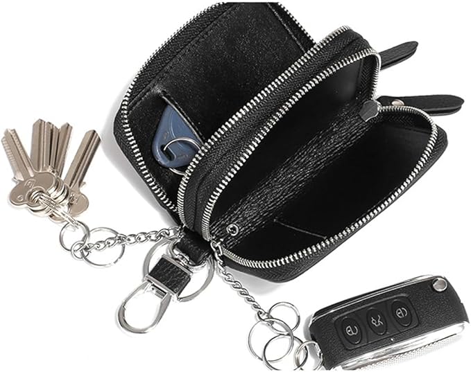 Key Fob Case Genuine Leather, Double Zipper Car Key Holder & Key Wallet with Keychain, Key Pouch for Purse Gift