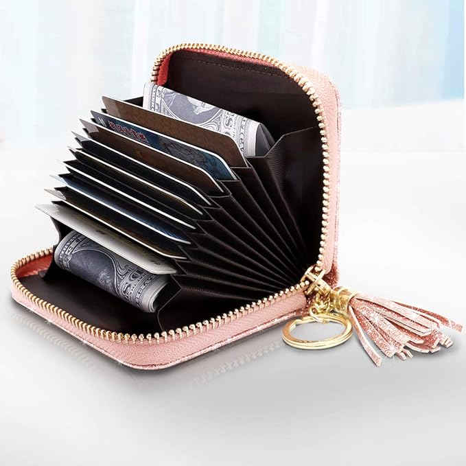 Coco Rossi Women Small Credit Card Wallet RFID Glitter Bling Cute Accordion Card Holder with Zipper Pink