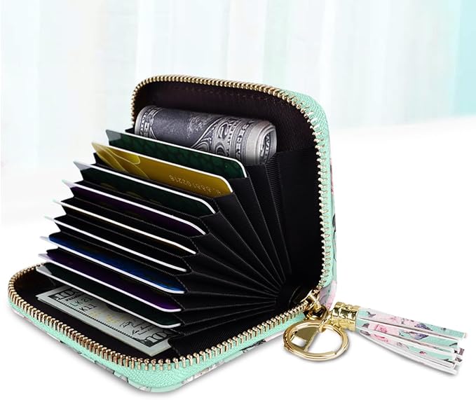 Coco Rossi Leather Credit Card Wallet for Women, RFID Blocking Zipper Cards Holder with Tassels, Green Flowers