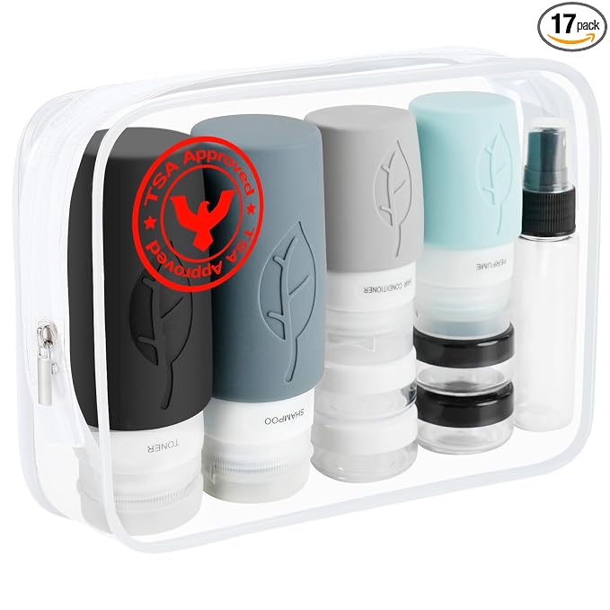 17-Pack Triple-Sealed Unique Leak-Proof Design Premium Silicone Travel Bottles for Toiletries TSA-Approved Transparent Carry Bag Easy-to-Read Labels for Business Trips/Camping/Adventure