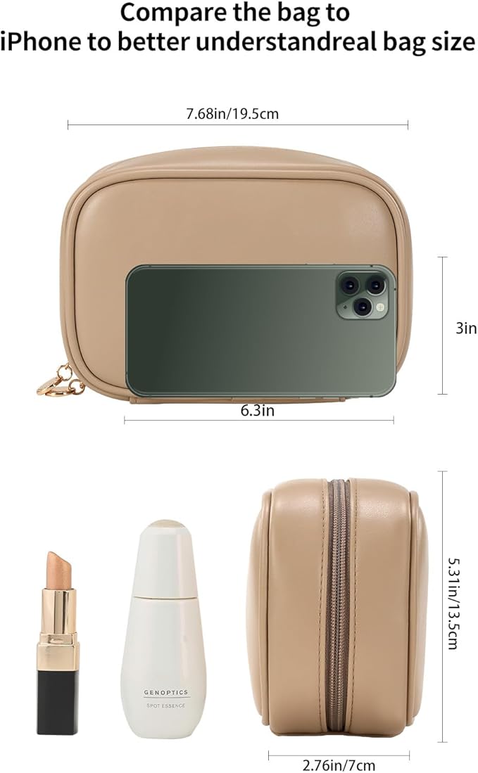 RIGHT AWAY Small Makeup Bag for Purse,Travel Cosmetic Bag Organizer for Women,Cute Make Up Pouch Waterproof Toiletry Bag with Zipper,Portable Makeup Case Skincare Bag for Travel Accessories(Khaki)