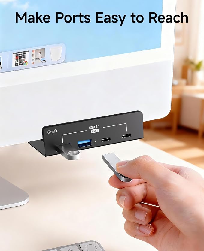 USB Hub 3.1, 10Gbps Clamp USB Hub with 2 USB-A Data Ports, 2 USB-C Port with Extra Power Supply Port (Black)