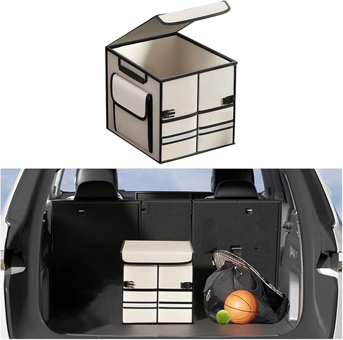 Car Trunk Organizer, Multi-Compartment Collapsible Vehicle Cargo Storage Organizer with Lid, Non Slip Waterproof Storage Box with Reinforced Handles, Universal Automotive Accessories (Beige)
