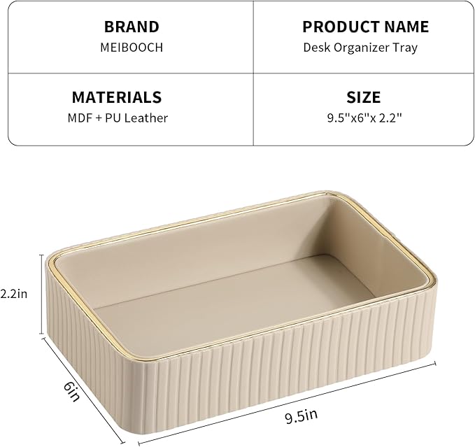 Desk Organizer Tray, PU Leather Nightstand Organizer Perfume Valet Tray for Men Women, Decorative Vanity Trays Trinket Dish Key Bowl for Entryway Table (Beige, Small)