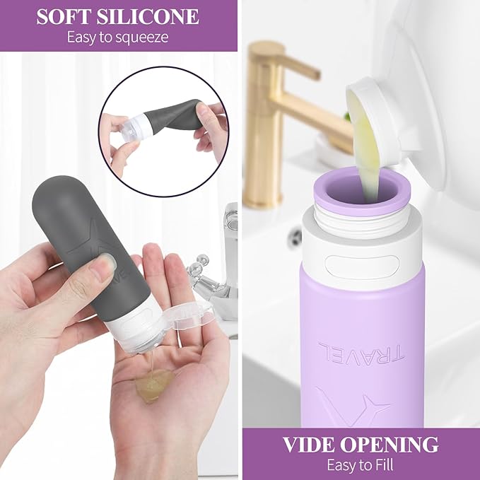 ME.FAN 18 Pack Travel Bottles for Toiletries, TSA Approved Travel Size Containers Set, Silicone Squeezable Portable Split Bottle, Travel Accessories for Conditioner, Shampoo, Lotion - Morandi