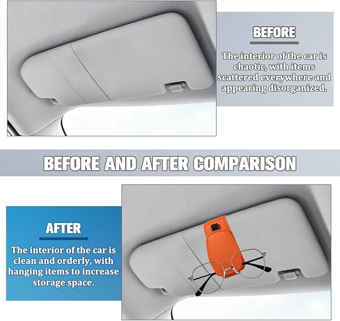Sunglass Holder for Car Visor, Magnetic Leather Vehicle Sun Visor Storage Clip for Different Size Eyeglasses, Automotive Interior Glasses Ticket Card Clip, Universal for SUV RV Truck (Orange)