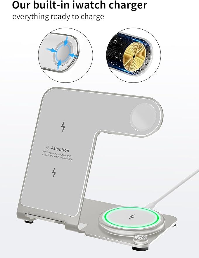 Wireless Charger, Aluminum Alloy 3 in 1 Wireless Charging Station for Apple iPhone/iWatch/Airpods,iPhone15 14,13,12,11 (Pro, ProMax)/XS/XR/XS/X/8(Plus),iWatch8/7/6/SE/5/4/3/2,AirPods 3/2/pro