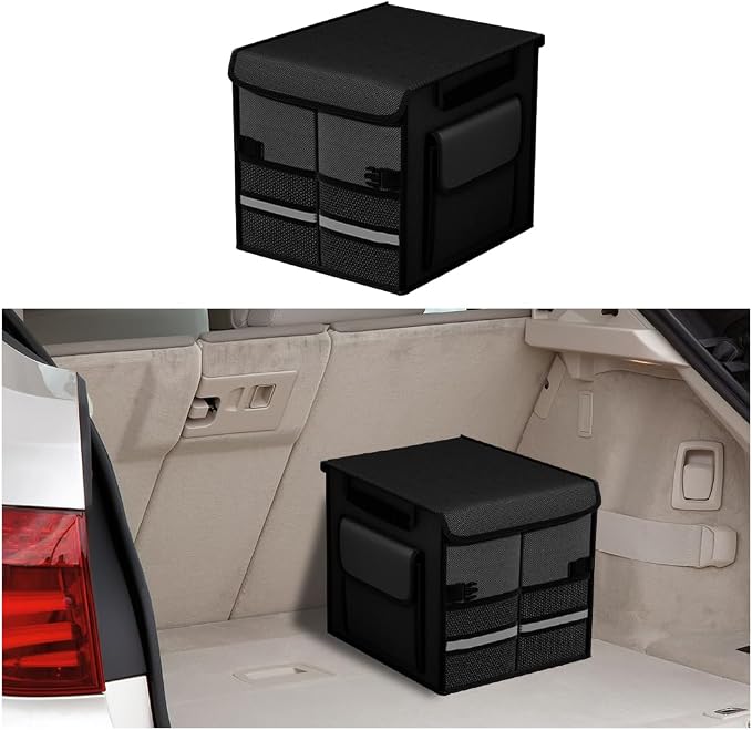 HZEL Car Trunk Organizer with Lid, Foldable Slip Resistant Multi-Compartment Vehicle Cargo Storage Box, Collapsible Waterproof Automotive Trunk Organizer, Universal for SUV Van Truck (Black)