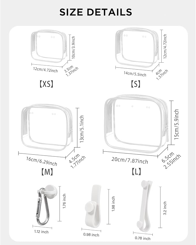 LETGO 4 Pack Clear Toiletry Bags, Portable Travel Makeup Pouch with Zipper, TSA Approved Organizer, Clear Pouch Bags Compatible With Bogg Bag Divider Accessories (Clear White)