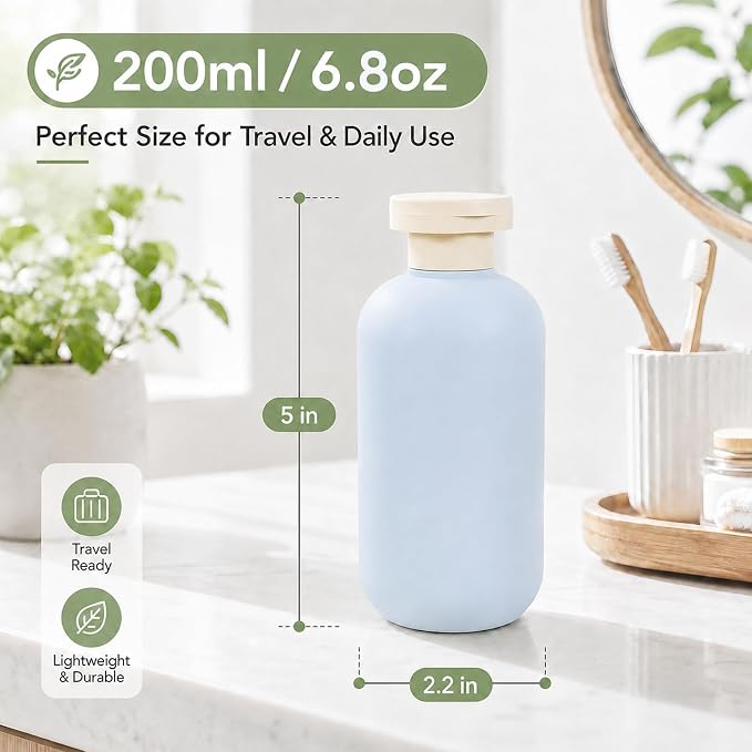 METAPACK 4Pack 6.8oz Travel Shampoo Bottles with Labels, Refillable Travel Bottles, Flip Top Squeeze Bottles, Portable Plastic Toiletry Containers for Lotion, Conditioner & Body Wash(grey, blue)