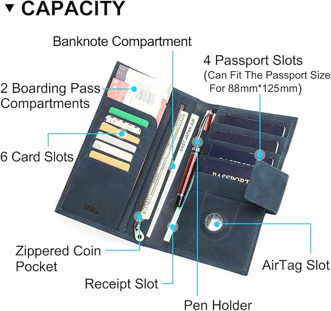 CONTACTS Full Grain Leather Family Passport Holder for 4 RFID Blocking Passport Wallet Compatible with Airtag Passport Cover with 4 Passport Slot, 6 Card Slot (Blue)
