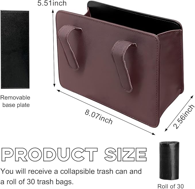 Yourkar Car Trash Can, Foldable Waterproof Leather Car Garbage Organizer Holder, Automotive Mini Dustbin Container with One Roll Trash Bag, Universal Interior Car Accessories (Dark Brown)