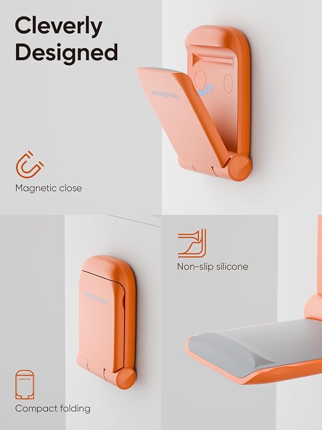 MAMUVIMO Headphone Stand, Headset Stand Foldable ＆ Sticky, Headphone Holder Hook Mount with Non-Slip Silicone, Adhesive Earphone Desk Hanger Clip Space-Saving for Airpods Max, All Earphones- Orange