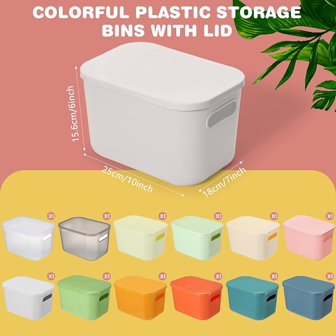 Thyle 12 Pack Colorful Plastic Storage Bins with Lids 7 Quart Toy Storage Box Stackable Nestable Organizer Boxes with Handle and Labels for Classroom, Shelf, Bedroom, Desktop, Toys, School Supplies