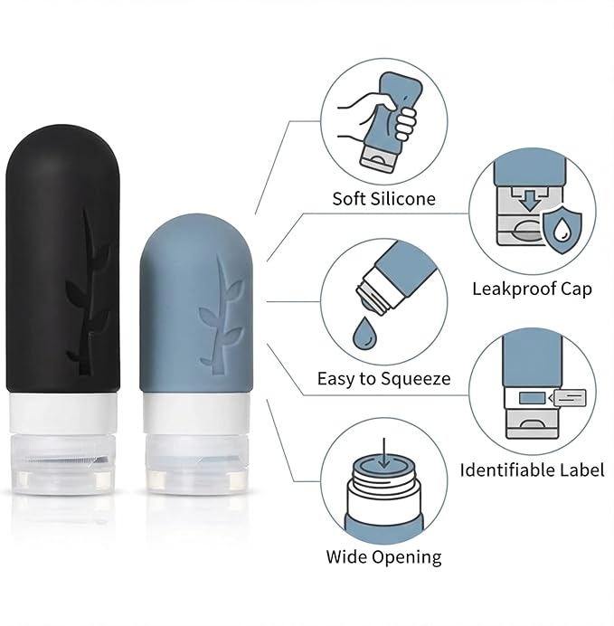 DEPOZA Travel Bottles Kit (16 Pack) - TSA Approved, Leak Proof Silicone Squeezable Containers for Toiletries. Complete Set with Jars, Sprayers & Bag (Black)
