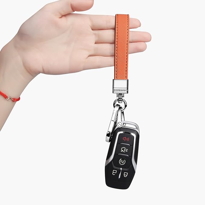 QBUC Genuine Leather Car Keychain,Universal Heavy Duty Metal Key Chain Accessories,Car Fob Key Keychain Holder with 360 Degree Rotatable Snap Swivel and Anti-Lost D-Ring for Men Women(Orange)