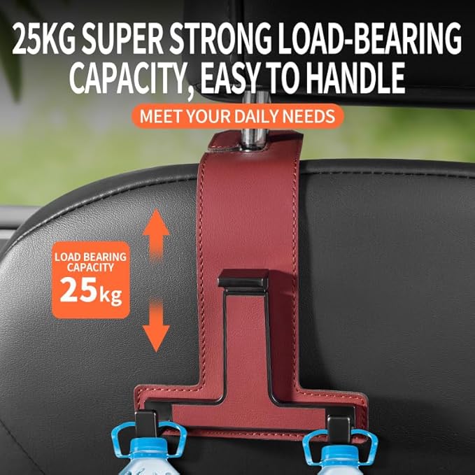 Car Hooks for Headrest, Multifunctional Luxurious Leather and Magnesium Alloy Car Seat Back Hook & Mobile Phone Holder, Double Headrest Hanger Storage Hook for Purses, Handbags (Red)