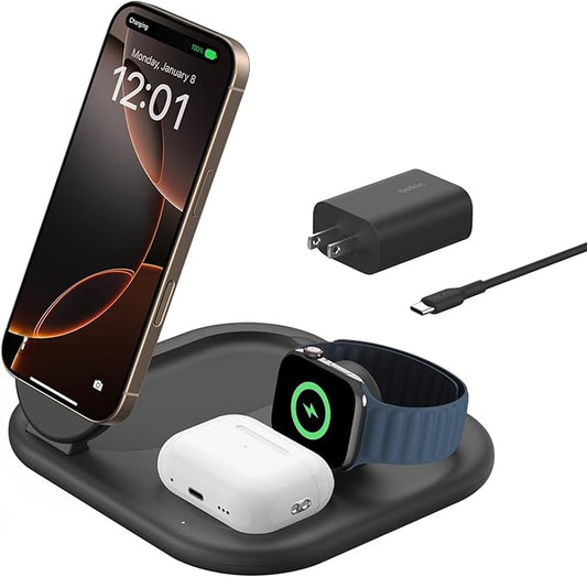 Belkin 3-in-1 MagSafe-Compatible iPhone Charger - Foldable Magnetic Qi2 Certified, MagSafe Charging Station for Phone, Apple Watch, AirPods - Wireless for Multiple Devices