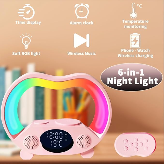IHAO 6in1 Wireless Charging Station with Bluetooth Speaker Time&Temperature Display Alarm Clock 7-Color LED Night Lights Fast Charger for Phone, Apple Watch, Earbuds Remote Control Auto Shutoff-Pink