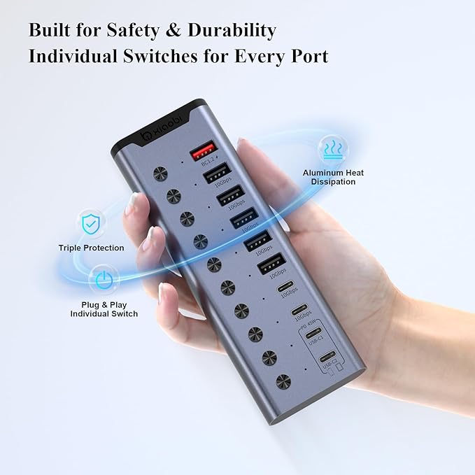 Powered USB Hub, 10-Port USB C Hub with 6*USB-A 3.2, 2*USB-C 3.2 and 2*PD 45W Charging Ports Individual Switches and 24V/3A Power Adapter, USB Extension for MacBook, PC and More.