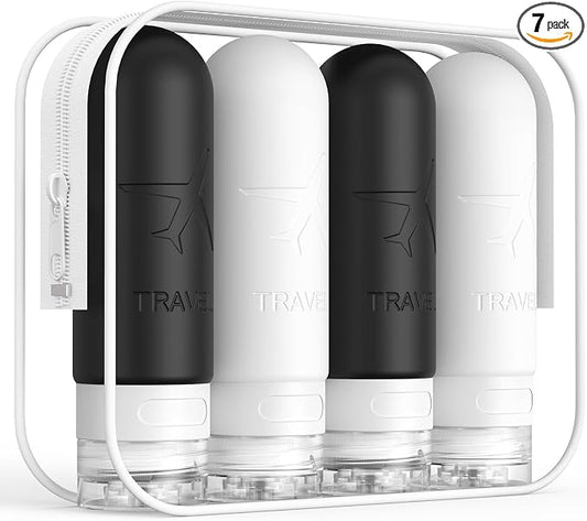ME.FAN Travel Bottles for Toiletries,3oz Silicone Travel Size Containers, TSA Approved Squeezable Portable Split Bottle, Travel Accessories for Conditioner Shampoo Lotion - 4 Pack Black/White
