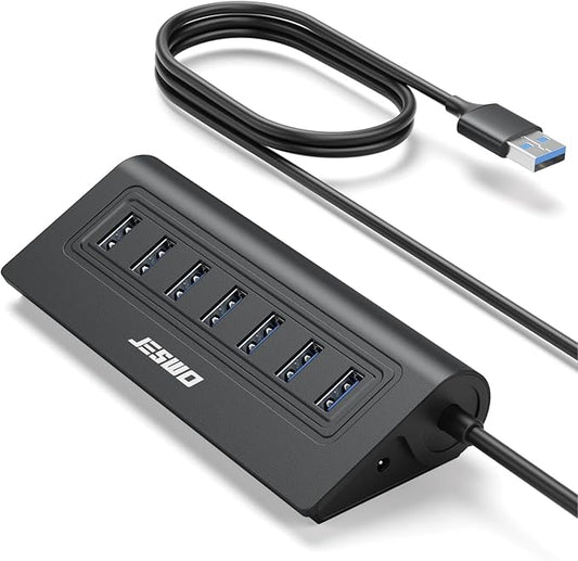 USB Hub 3.0, JESWO Aluminum 7 Port USB 3.0 Hub with 3.3Ft Cable, USB Splitter with 7-USB3.0 Data Ports Compatible with MacBook, Laptop,Surface Pro, PS5, PC and More (No Power Adapter Included)