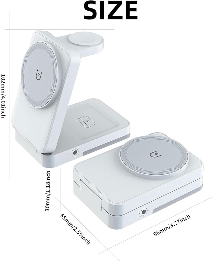 3-in-1 Travel Magnetic Charging Station for iPhone 17/17 Pro/17 Pro Max/Air/16 15 14 13 12 Pro Max Plus mini/Apple Watch/Airpods, Foldable Portable Wireless Charger Stand with Night Light-White