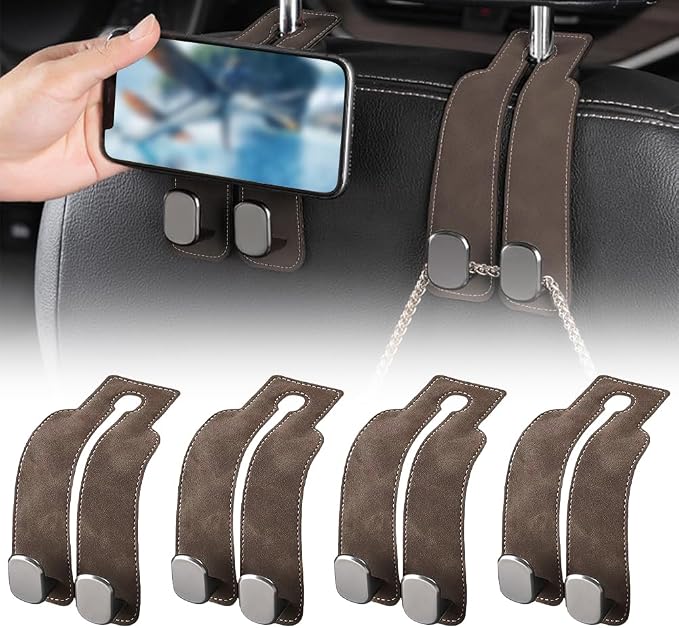 FXOICMI Car Seat Headrest Hooks, Purse Hooks for Car with Double Hooks, Leather Car Seat Hooks for Purses and Handbags, Heavy Duty Car Purse Holder Hanger for Travel, Keep Car Tidy (Brown 4Pcs)