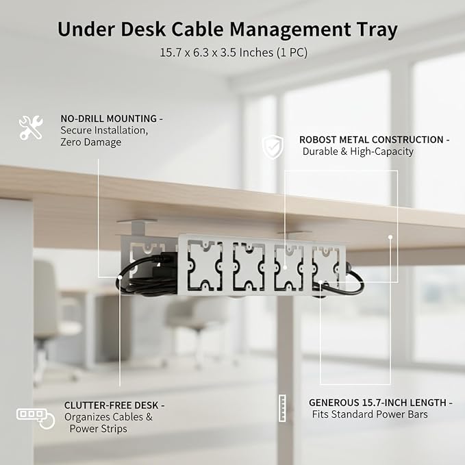 Under Desk Cable Management Tray, White Metal Wire Basket for Power Strips & Cords, No-Drill Clamp Mount, 15.7 x 6.3 x 3.5 Inches