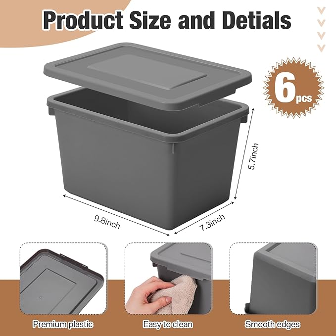 Potchen 6 Pcs Pack Cute Plastic Storage Bins with Lids Decorative Stackable Storage Boxes 9.8" ×7.3" ×5.7" Small Storing Totes for Organizing Craft Office Supplies (Grey)