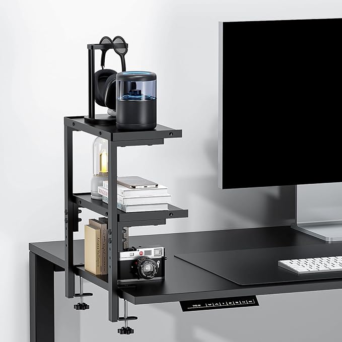 2-Tier Desk Shelf, Expandable Under Desk Storage, Clamp on Desk Shelf, Desktop Accessories for Offices, Study Rooms, and Game Rooms (Black)