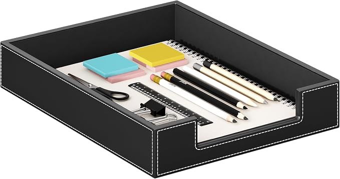 Leather Letter Tray, AUVAHOX Elegant Desk Organizer for Office Supplies, Mail, Paper, File, Magazine, Perfect Space Saver for Desk - Black