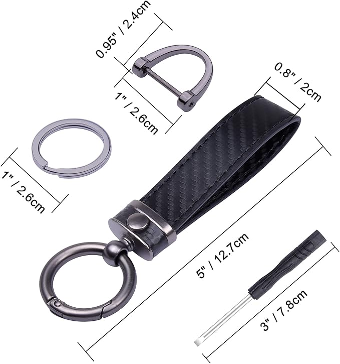 Wisdompro Carbon Fiber Style Car Keychain, Microfiber Leather Key Chain, Universal Key FOB Keychain Holder for Men and Women, with Anti-lost D-ring, 3 Keyrings - Black (with round connector)