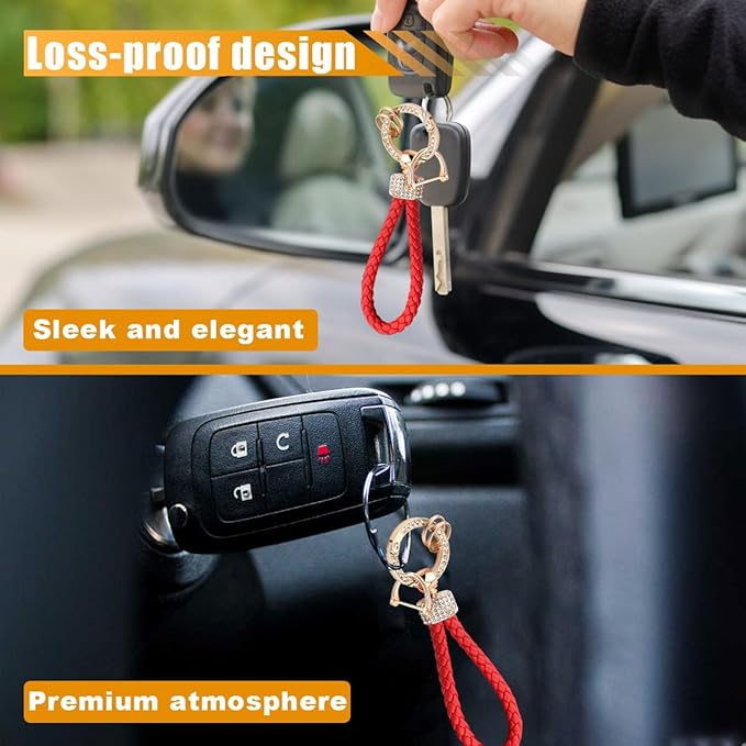Leather Car Keychain with Bling Rhinestones, Snap Swivel Key Ring, Key Tag Car Key Fob Holder, Key Organizer for Men Women, Anti-Lost D-Ring (Red)