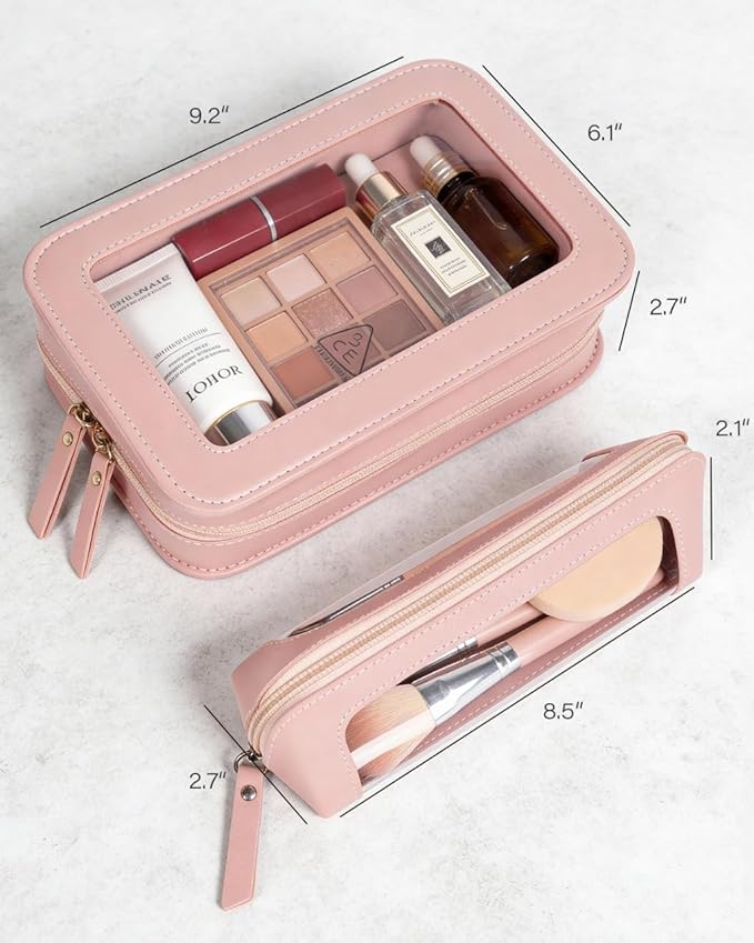 LETGO 2Pack Clear Makeup Bags Set, Clear Travel Makeup Brush Holder, Portable Leather Travel Toiletry Bag Pink Car Accessories for Women